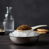 Tin of Oscietra caviar with pearl-gray to amber roe, sustainably farmed Italian caviar