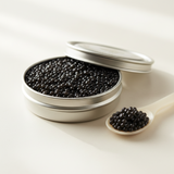White Sturgeon caviar tin with mother-of-pearl spoon, delicate anthracite-gray roe